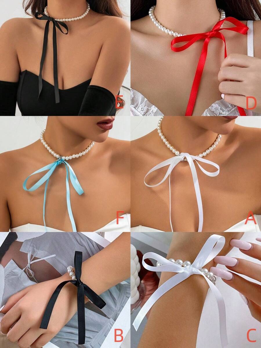 1pc French Vintage white Style Ribbon Bow Tie Faux Pearl Collarbone Necklace For Women Diy Jewelry Accessory