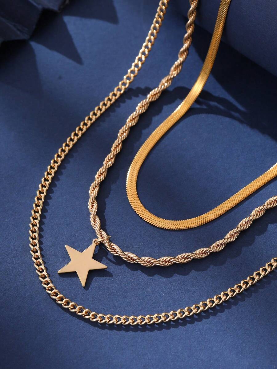 Tkool 3pcs Fashionable Stainless Steel Jewelry Set, Unique Design With Smooth Gold Twist Chain, Layered Star Pendant Necklace, Suitable For Ladies Beach Holiday Wear