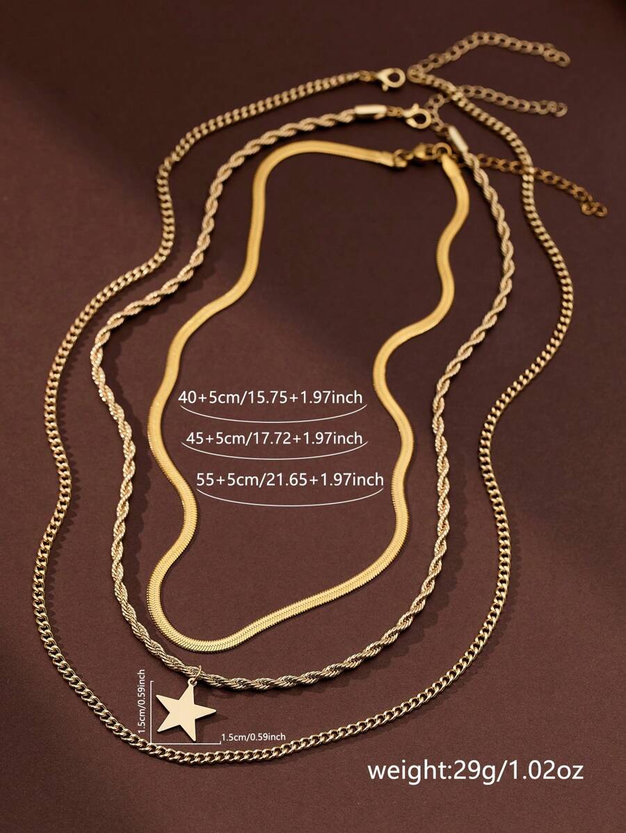 Tkool 3pcs Fashionable Stainless Steel Jewelry Set, Unique Design With Smooth Gold Twist Chain, Layered Star Pendant Necklace, Suitable For Ladies Beach Holiday Wear