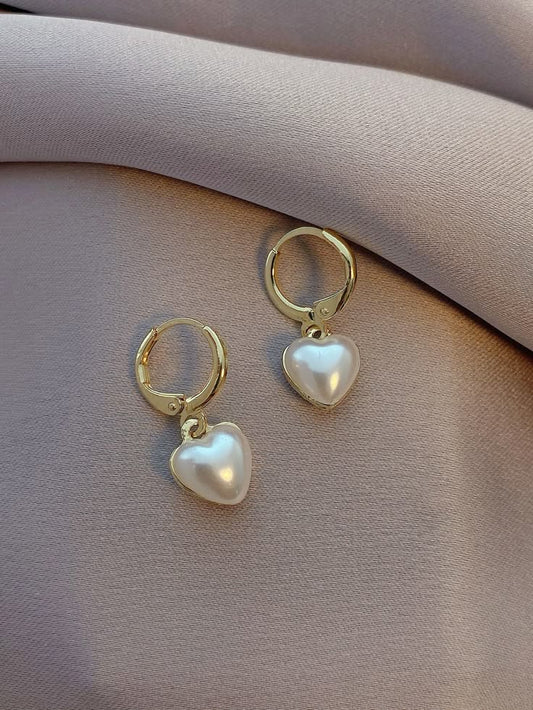 Faux Pearl Decor Heart Charm Drop Earrings