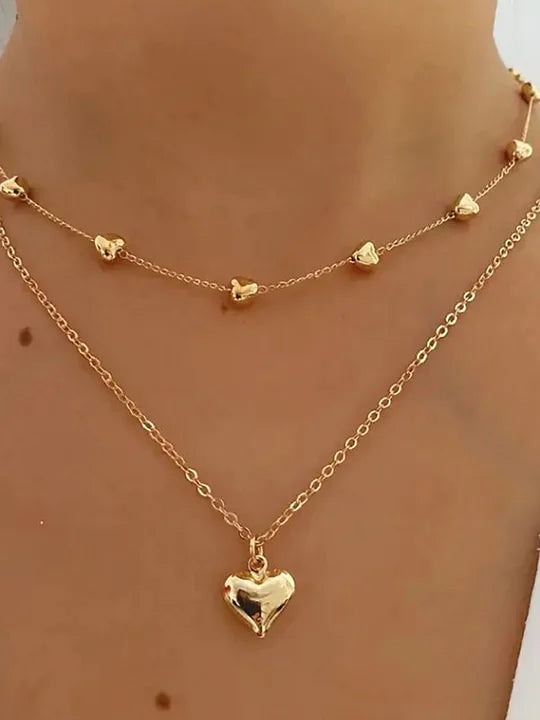 Double-layer Heart Pendant Fine Chain Necklace For Women Multilayer Gold Color Metal Necklaces Fashion Jewelry Accessories