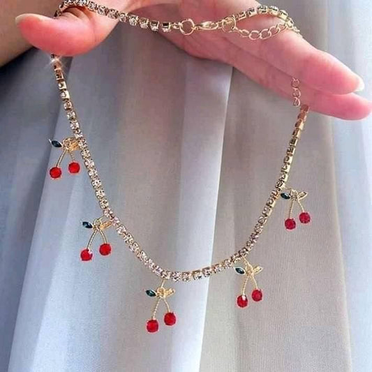 Sweet Red Crystal Cherry Pendant 18k Gold Plated Chain   Necklaces Fashion Jewelry