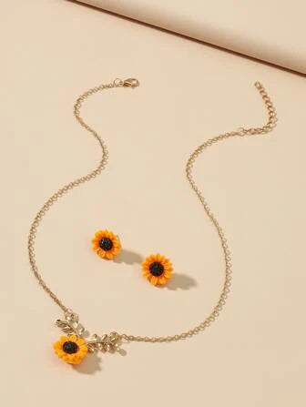 1pair Sunflower Design Earrings & 1pc Necklace Valentines
