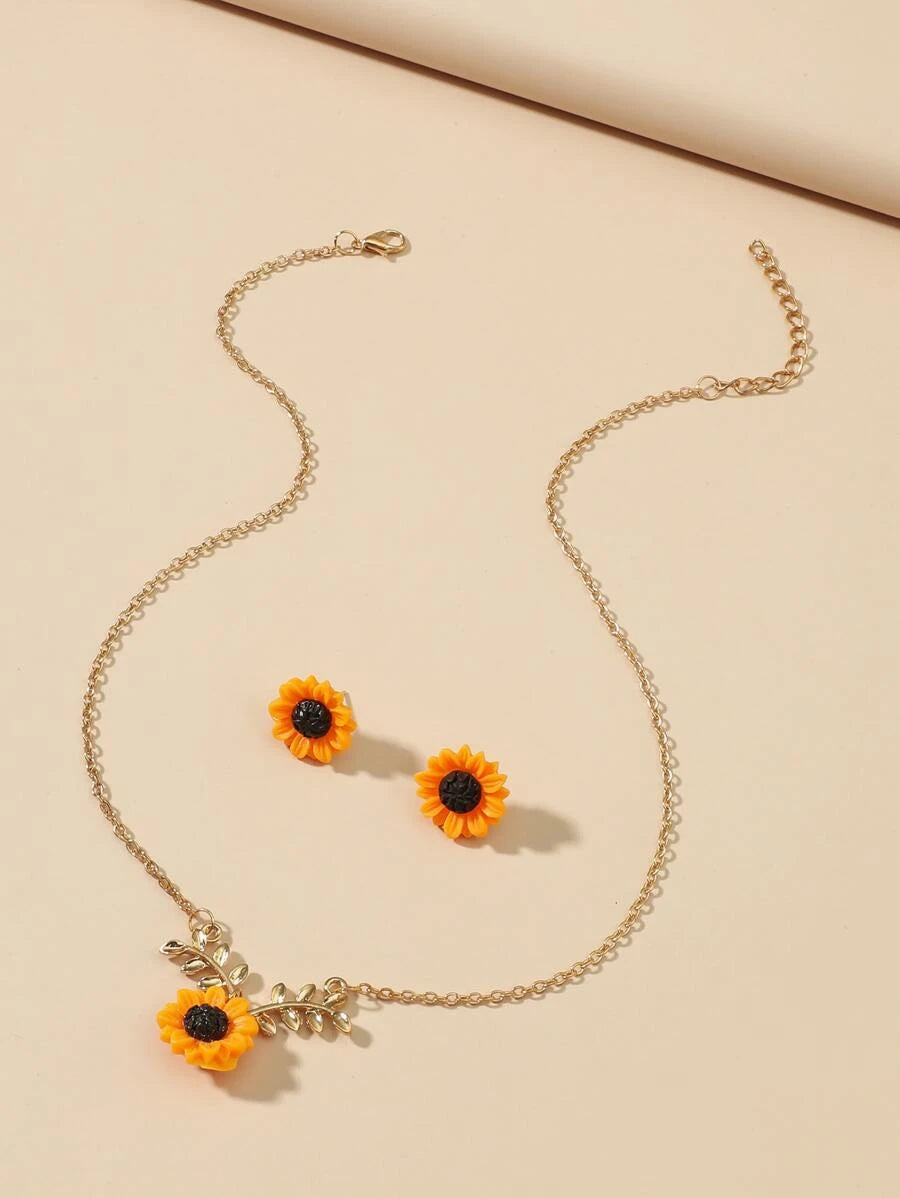 1pair Sunflower Design Earrings & 1pc Necklace Valentines