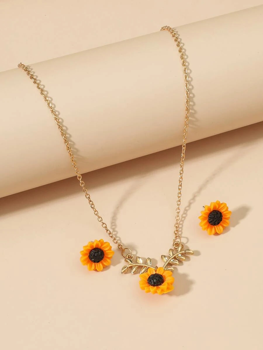 1pair Sunflower Design Earrings & 1pc Necklace Valentines