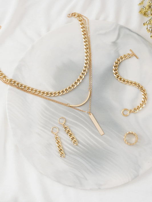 Chain Design Drop Earrings & Ring & Necklace & Bracelet
