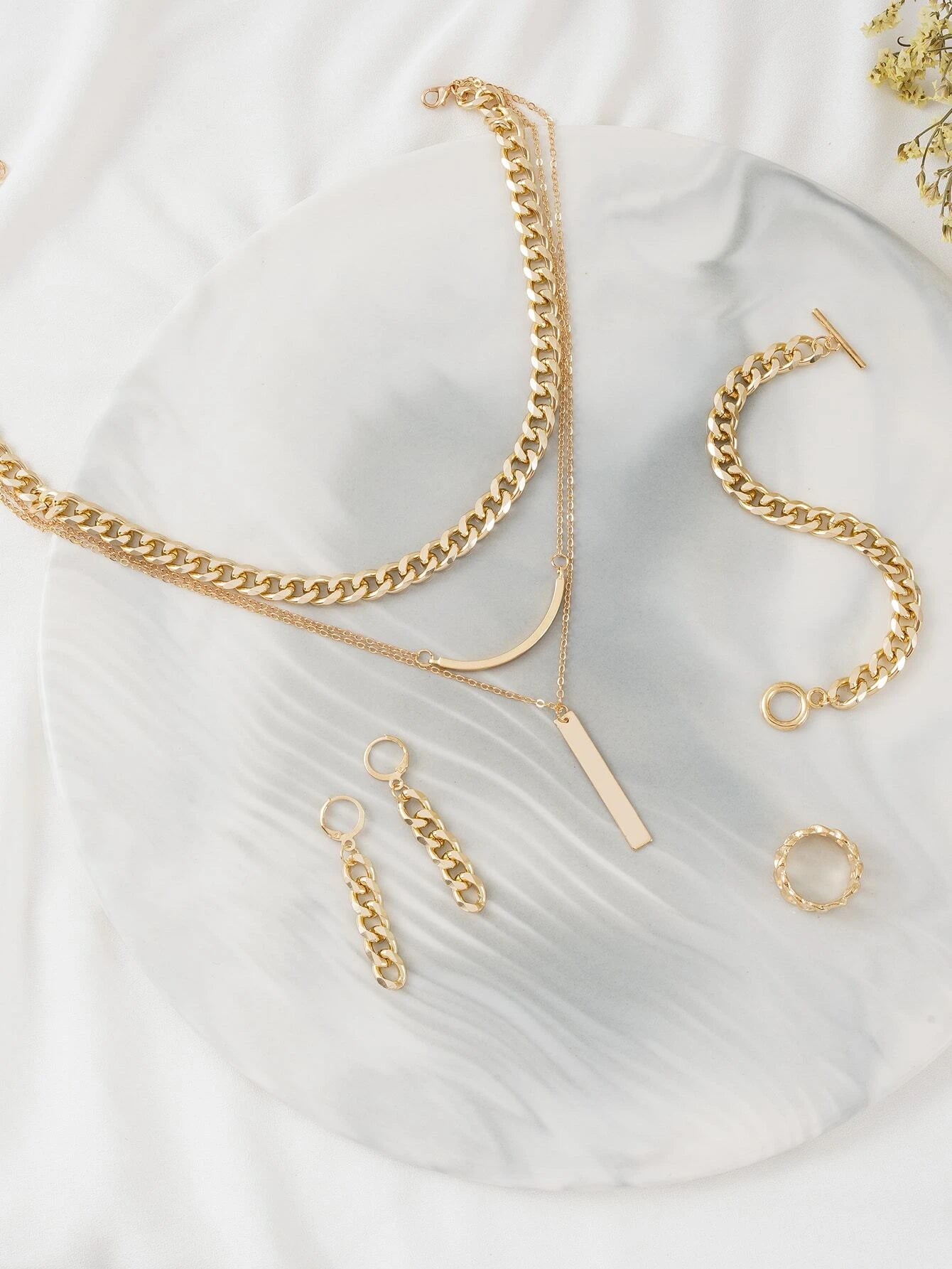 Chain Design Drop Earrings & Ring & Necklace & Bracelet