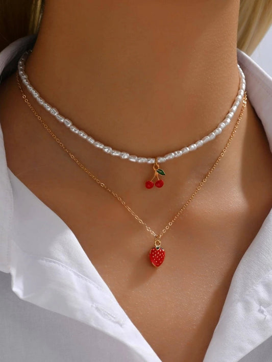 2pcs Sweet Asymmetrical Faux Pearl Pendant Necklace Cherry Collarbone Chain Simple And Cute Strawberry Pendant Necklace