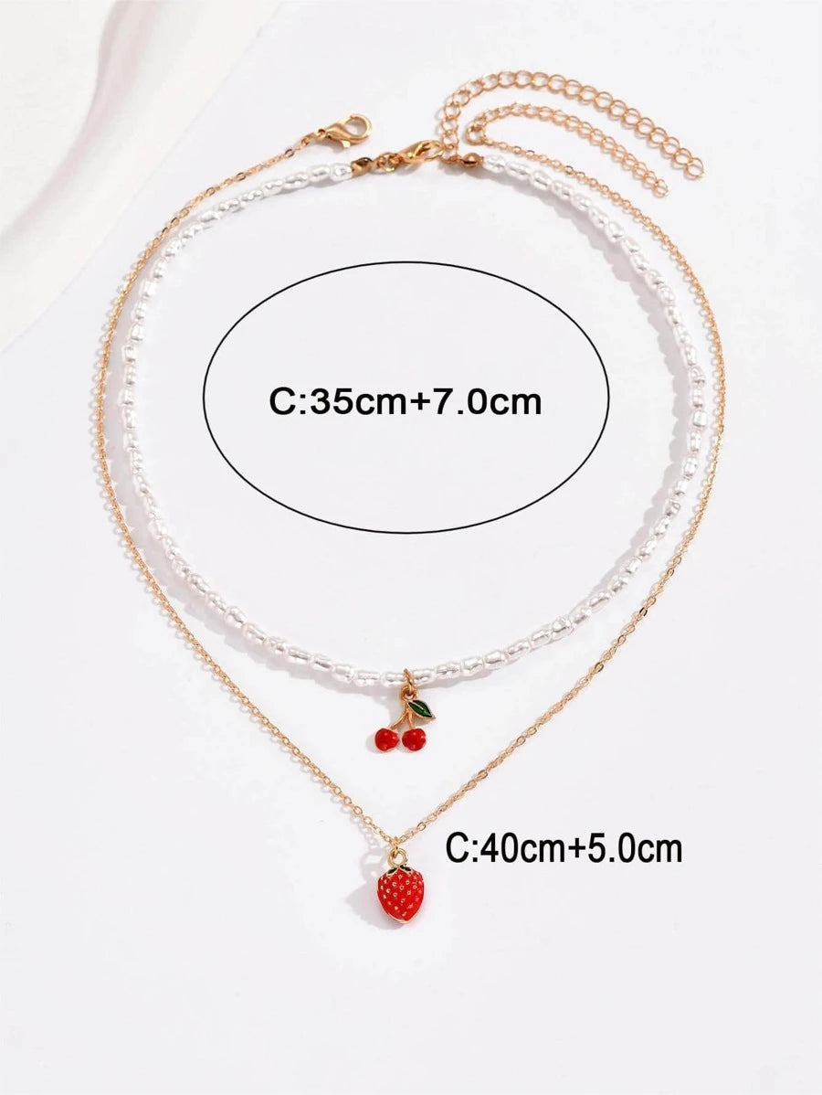 2pcs Sweet Asymmetrical Faux Pearl Pendant Necklace Cherry Collarbone Chain Simple And Cute Strawberry Pendant Necklace