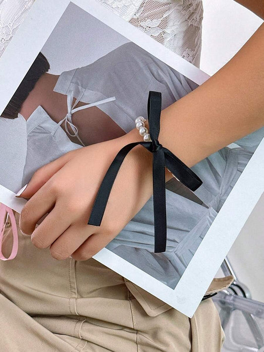 1pc French Vintage Style Ribbon Bow Tie Faux Pearl Collarbone Necklace For Women Diy Jewelry Accessory
