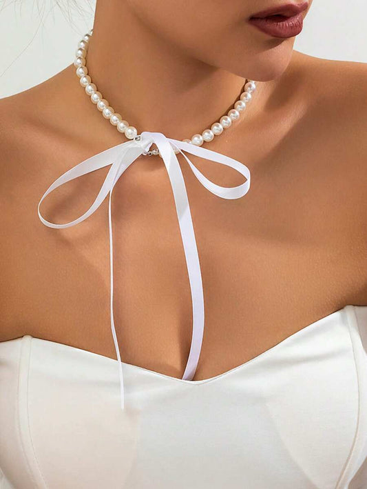 1pc French Vintage white Style Ribbon Bow Tie Faux Pearl Collarbone Necklace For Women Diy Jewelry Accessory