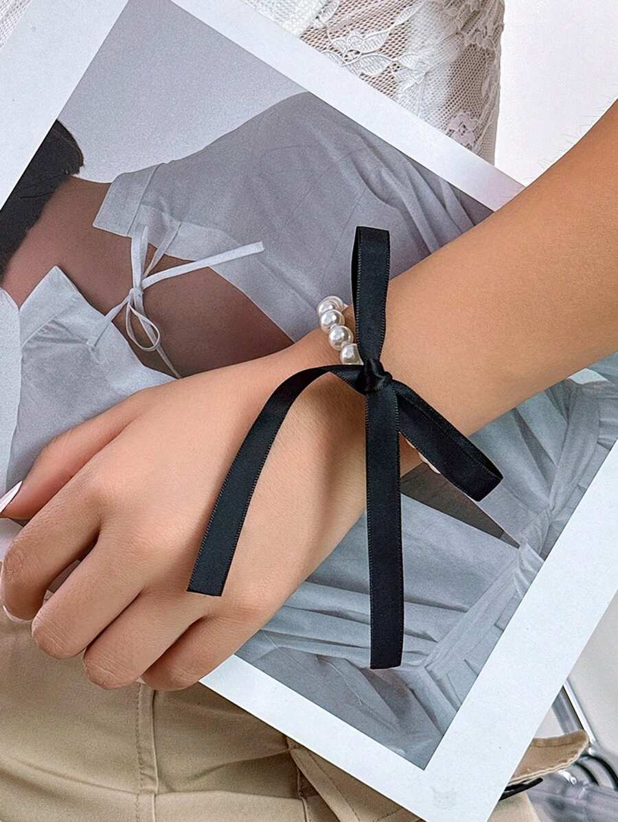 1pc French Vintage Style Ribbon Bow Tie Faux Pearl Collarbone Necklace For Women Diy Jewelry Accessory
