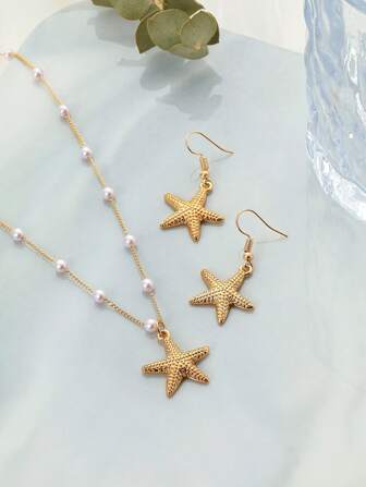 Gold Colored Starfish Necklace & Earrings Set(Handmade Chain Cut To Size, Variable Number Of Pearls, Variable Size Of Rhinestones)