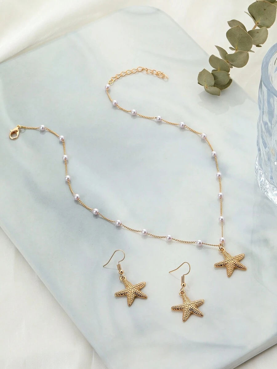 Gold Colored Starfish Necklace & Earrings Set(Handmade Chain Cut To Size, Variable Number Of Pearls, Variable Size Of Rhinestones)