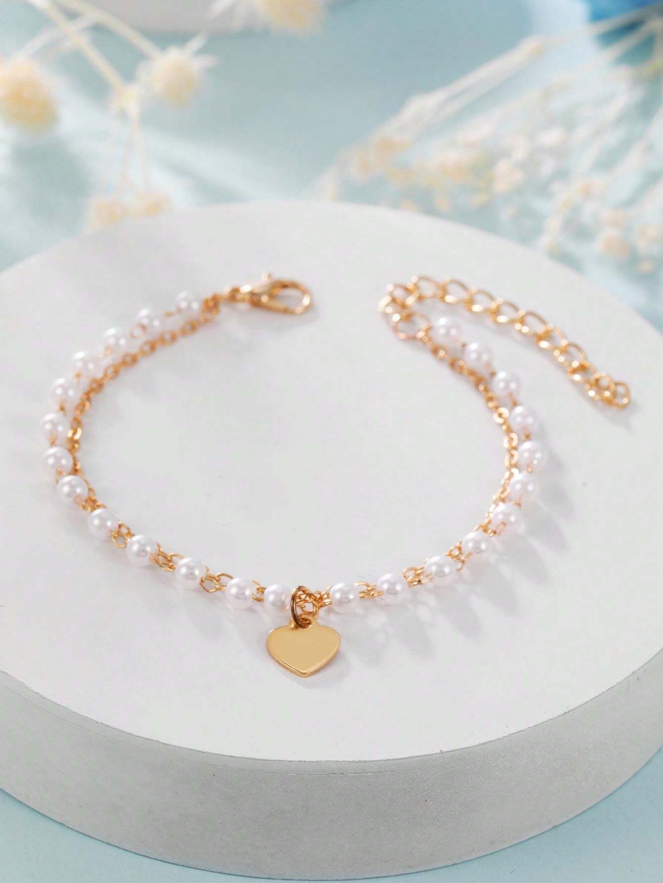 Faux Pearl Decor Heart Charm Bracelet Valentines