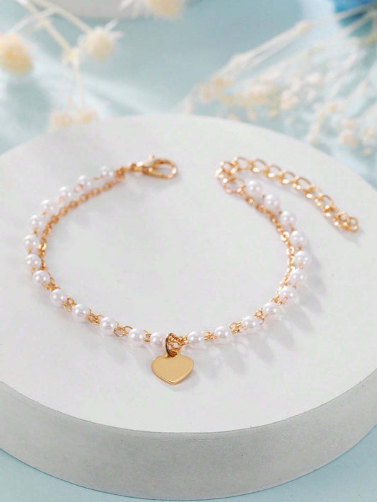 Faux Pearl Decor Heart Charm Bracelet Valentines