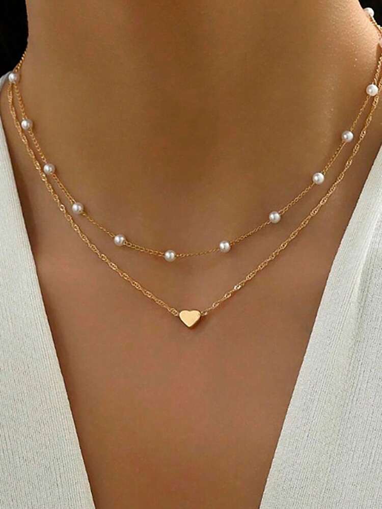 2pcs Heart-Shaped Pearl Pendant Necklace Set, Suitable For Daily Wear And Parties, Gift