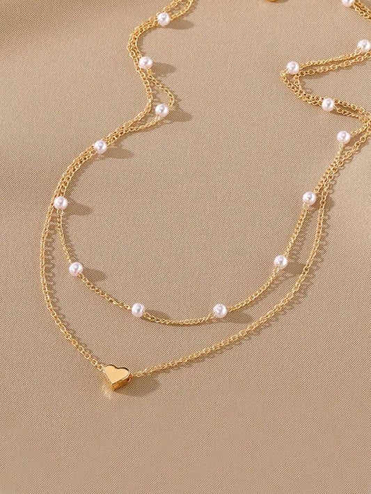 2pcs Heart-Shaped Pearl Pendant Necklace Set, Suitable For Daily Wear And Parties, Gift