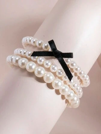 3pcs/Set Elegant Pearl & Bowknot Multilayer Beaded Bracelet Suit, High-End Fashion Jewelry For Women, Suitable For Daily Wear, Weddings, Parties, Gift For Loved Ones