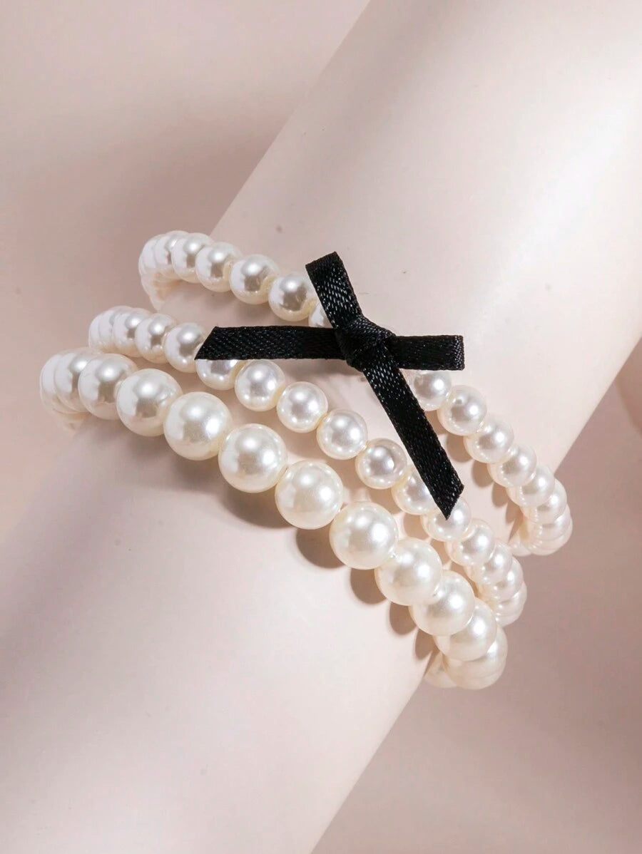 3pcs/Set Elegant Pearl & Bowknot Multilayer Beaded Bracelet Suit, High-End Fashion Jewelry For Women, Suitable For Daily Wear, Weddings, Parties, Gift For Loved Ones