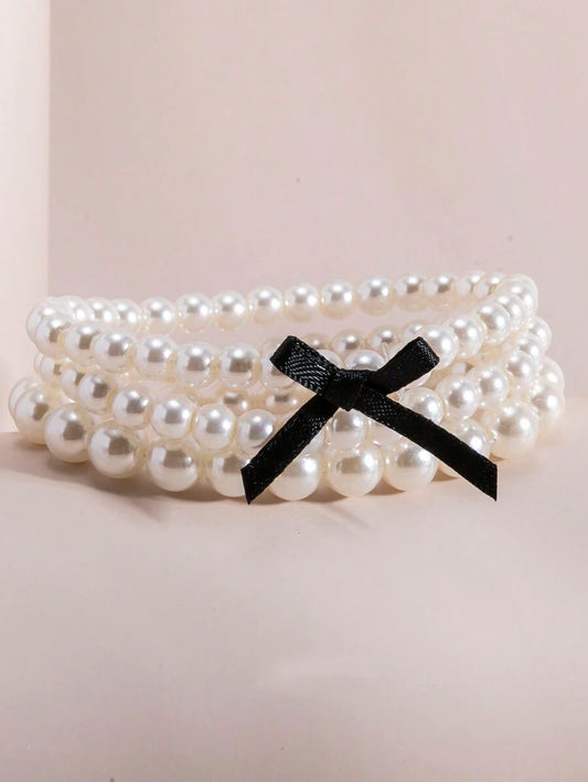 3pcs/Set Elegant Pearl & Bowknot Multilayer Beaded Bracelet Suit, High-End Fashion Jewelry For Women, Suitable For Daily Wear, Weddings, Parties, Gift For Loved Ones