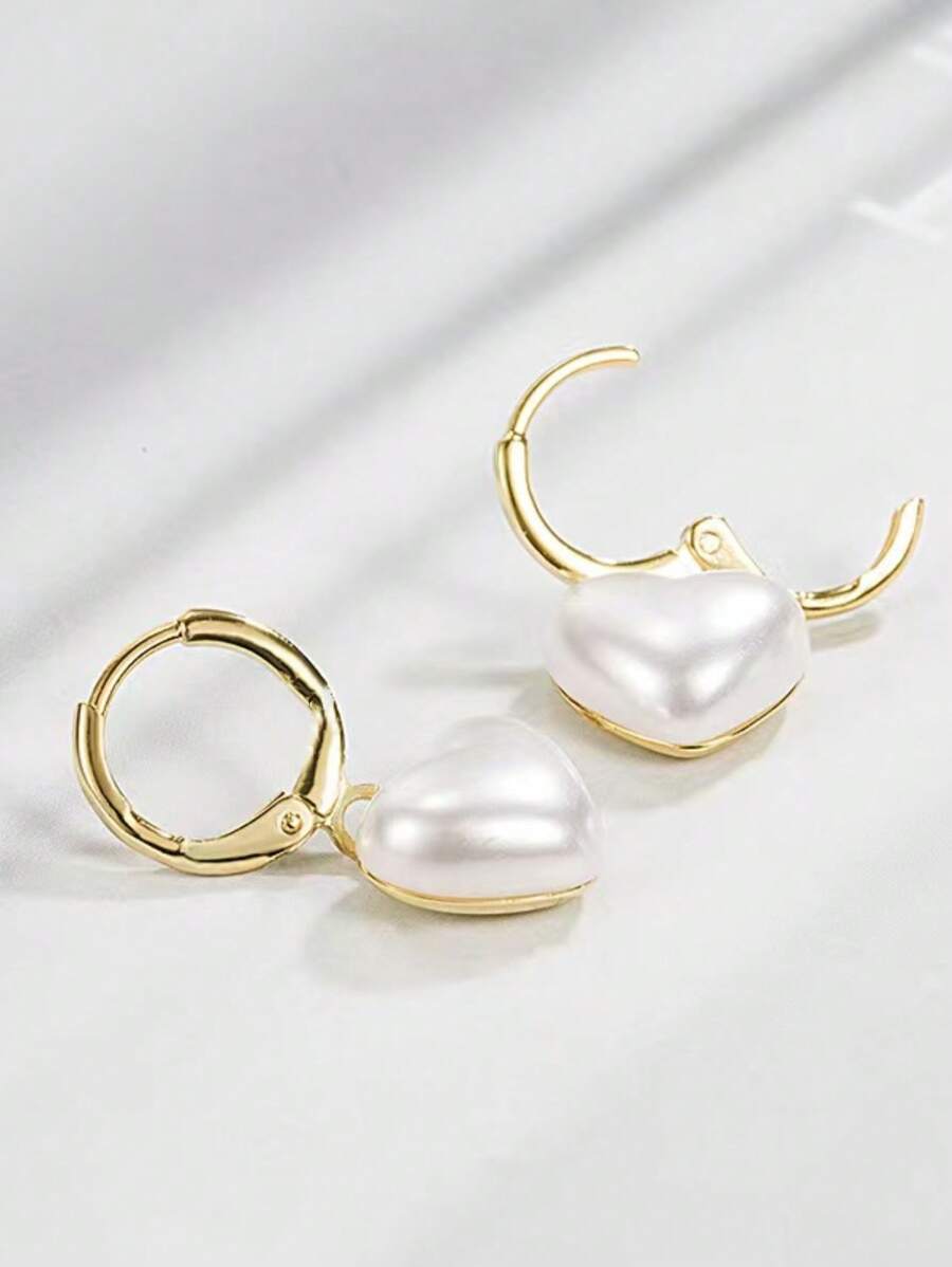 1 Pair Fashionable Heart Faux Pearl Style Dangle Earrings, Jewelry Gift For Valentine's Day, Suitable For Women's Daily Wear