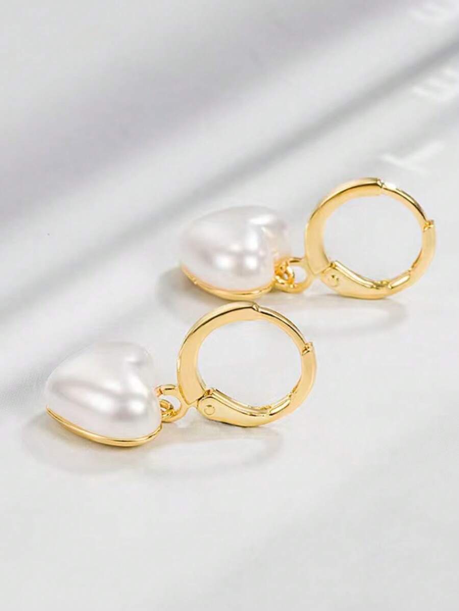 1 Pair Fashionable Heart Faux Pearl Style Dangle Earrings, Jewelry Gift For Valentine's Day, Suitable For Women's Daily Wear