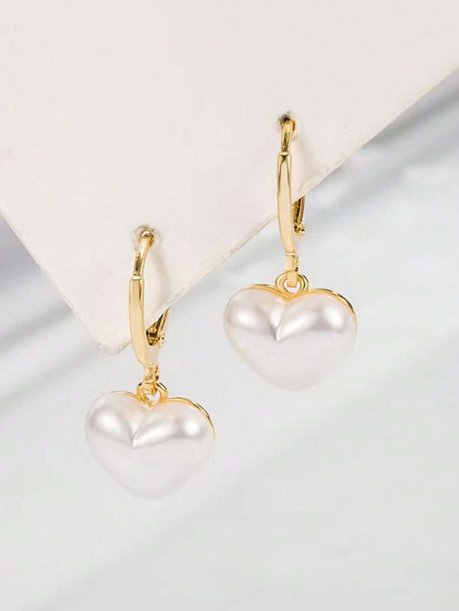 1 Pair Fashionable Heart Faux Pearl Style Dangle Earrings, Jewelry Gift For Valentine's Day, Suitable For Women's Daily Wear