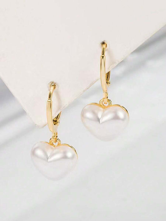 1 Pair Fashionable Heart Faux Pearl Style Dangle Earrings, Jewelry Gift For Valentine's Day, Suitable For Women's Daily Wear