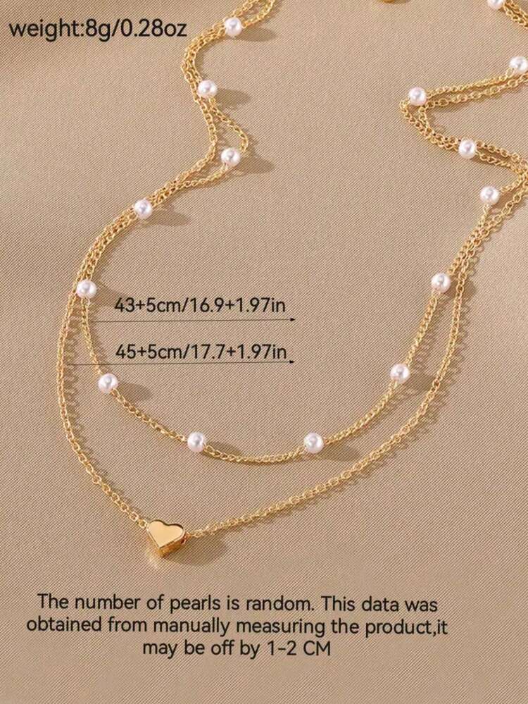 2pcs Heart-Shaped Pearl Pendant Necklace Set, Suitable For Daily Wear And Parties, Gift