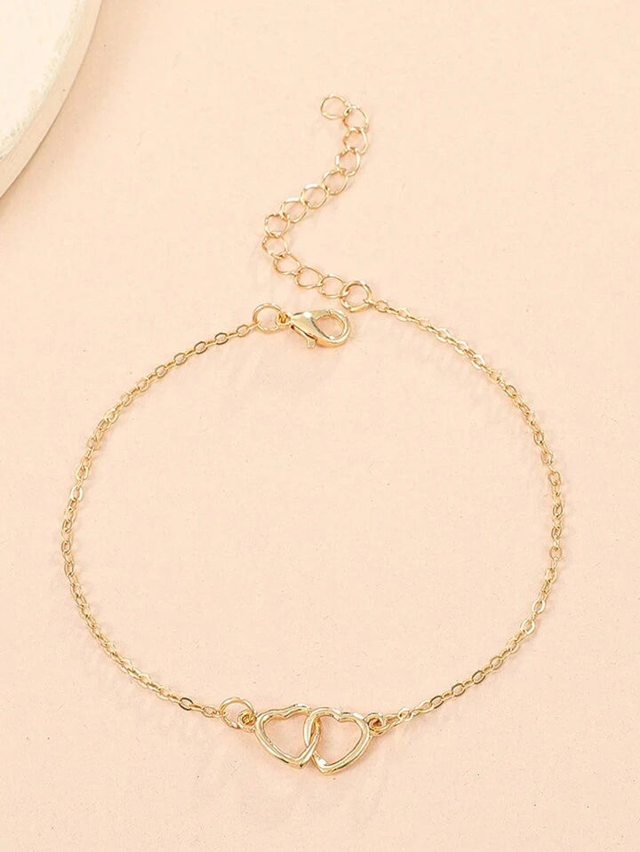1pc Simple Double Love Foot Chain Female Personality And Temperament Interlocking Hollow Heart Shaped Foot Chain Beach Suitable For Couple Vacation