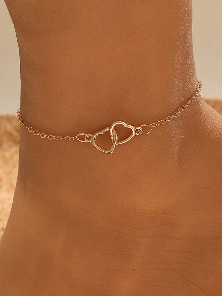 1pc Simple Double Love Foot Chain Female Personality And Temperament Interlocking Hollow Heart Shaped Foot Chain Beach Suitable For Couple Vacation