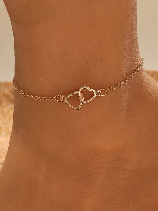 1pc Simple Double Love Foot Chain Female Personality And Temperament Interlocking Hollow Heart Shaped Foot Chain Beach Suitable For Couple Vacation