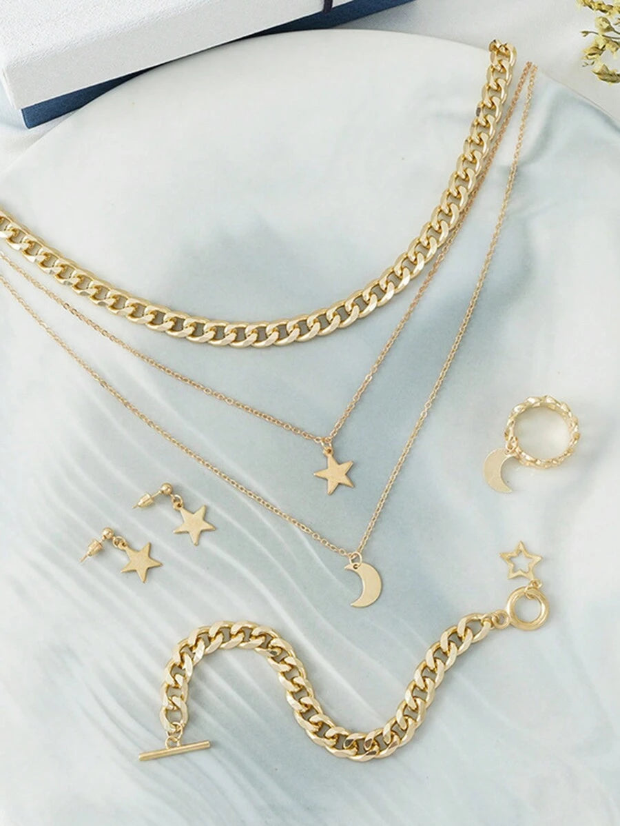 5pcs V-Shaped Necklace, Crescent Moon Necklace Jewelry Set, Chain Rings, Multi-Layer Necklace, Bracelet, Earrings Ramadan Fashionable Jewelry Set