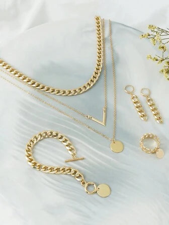 5pcs V-Shaped Necklace, Crescent Moon Necklace Jewelry Set, Chain Rings, Multi-Layer Necklace, Bracelet, Earrings Ramadan Fashionable Jewelry Set