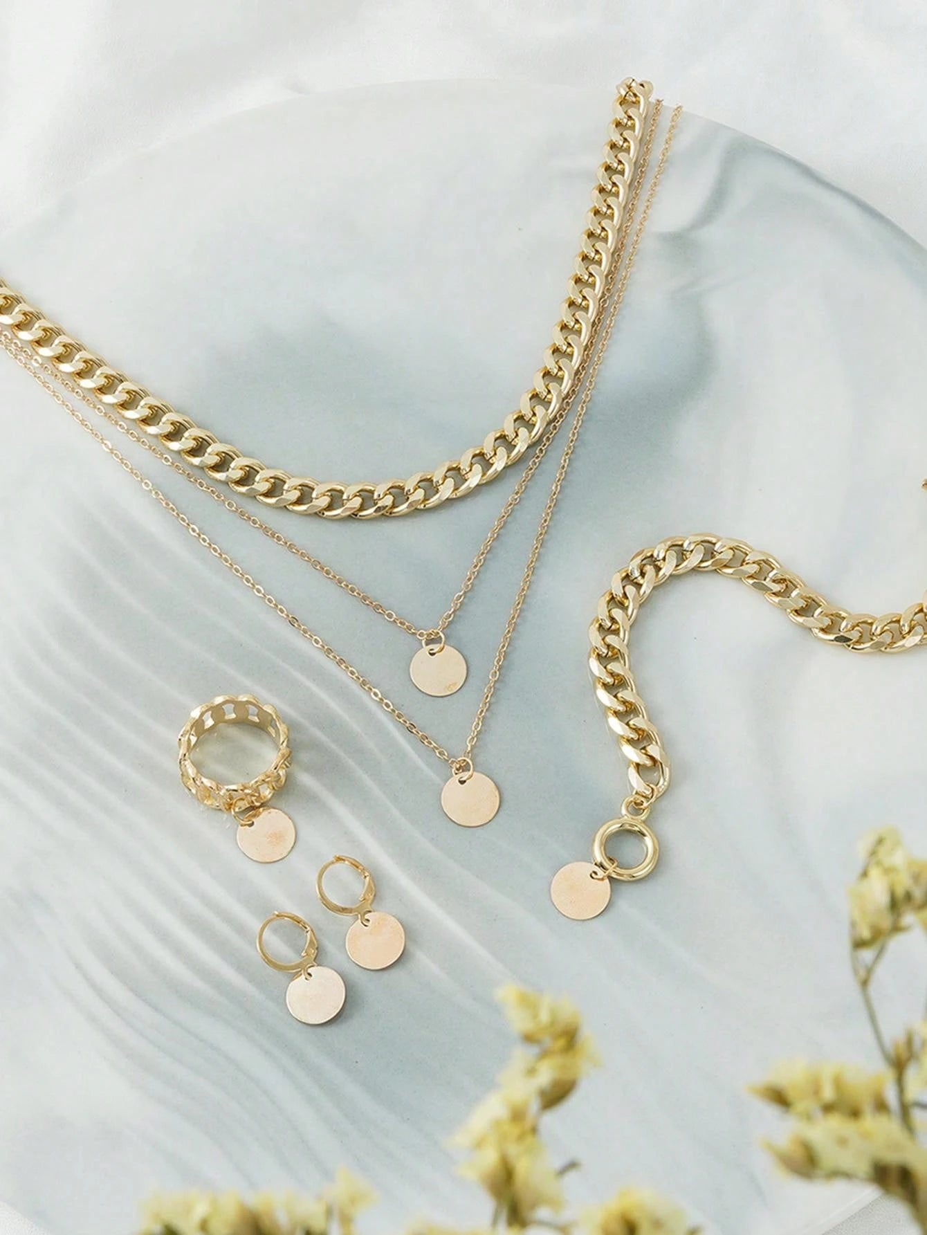 5pcs V-Shaped Necklace, Crescent Moon Necklace Jewelry Set, Chain Rings, Multi-Layer Necklace, Bracelet, Earrings Ramadan Fashionable Jewelry Set