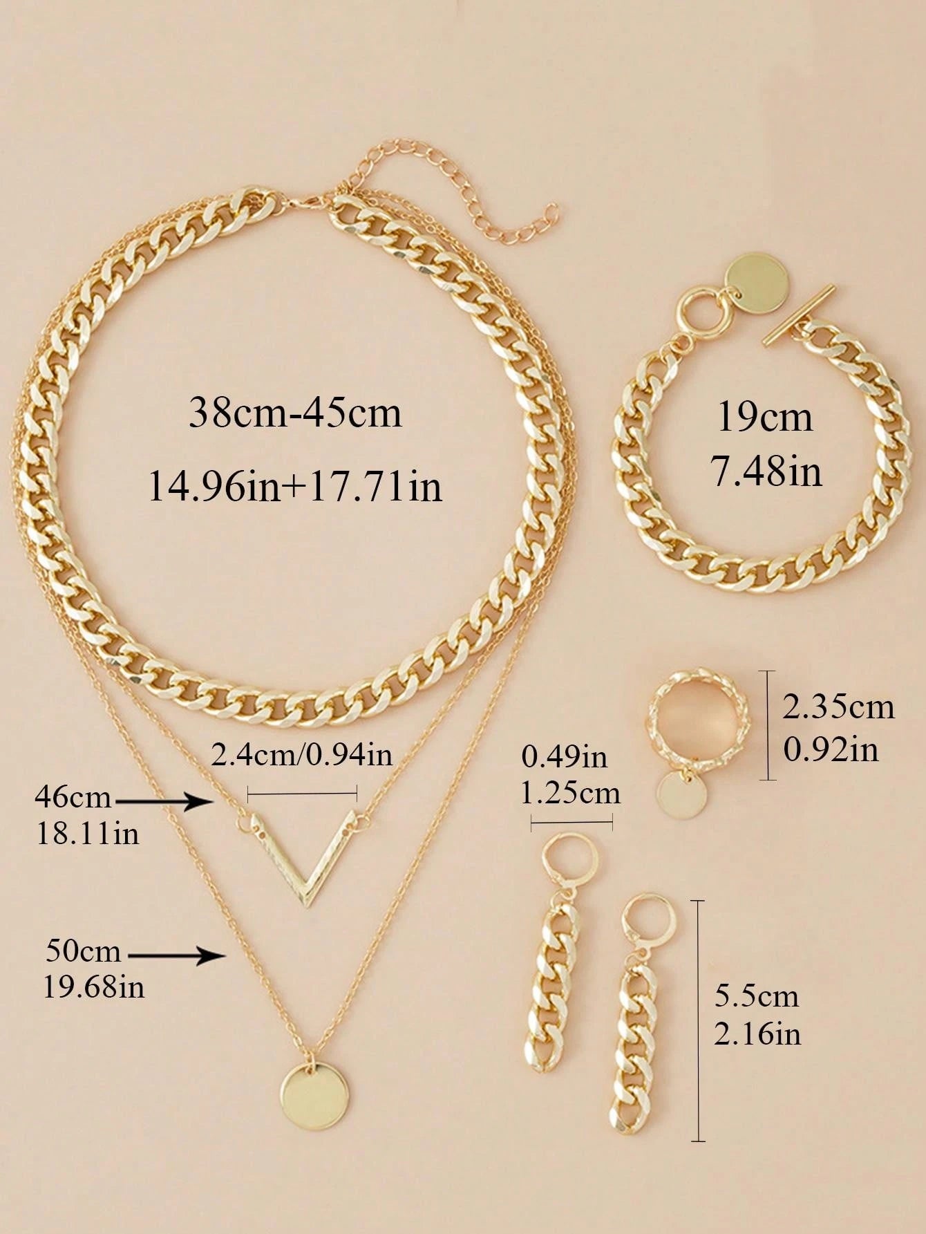 5pcs V-Shaped Necklace, Crescent Moon Necklace Jewelry Set, Chain Rings, Multi-Layer Necklace, Bracelet, Earrings Ramadan Fashionable Jewelry Set