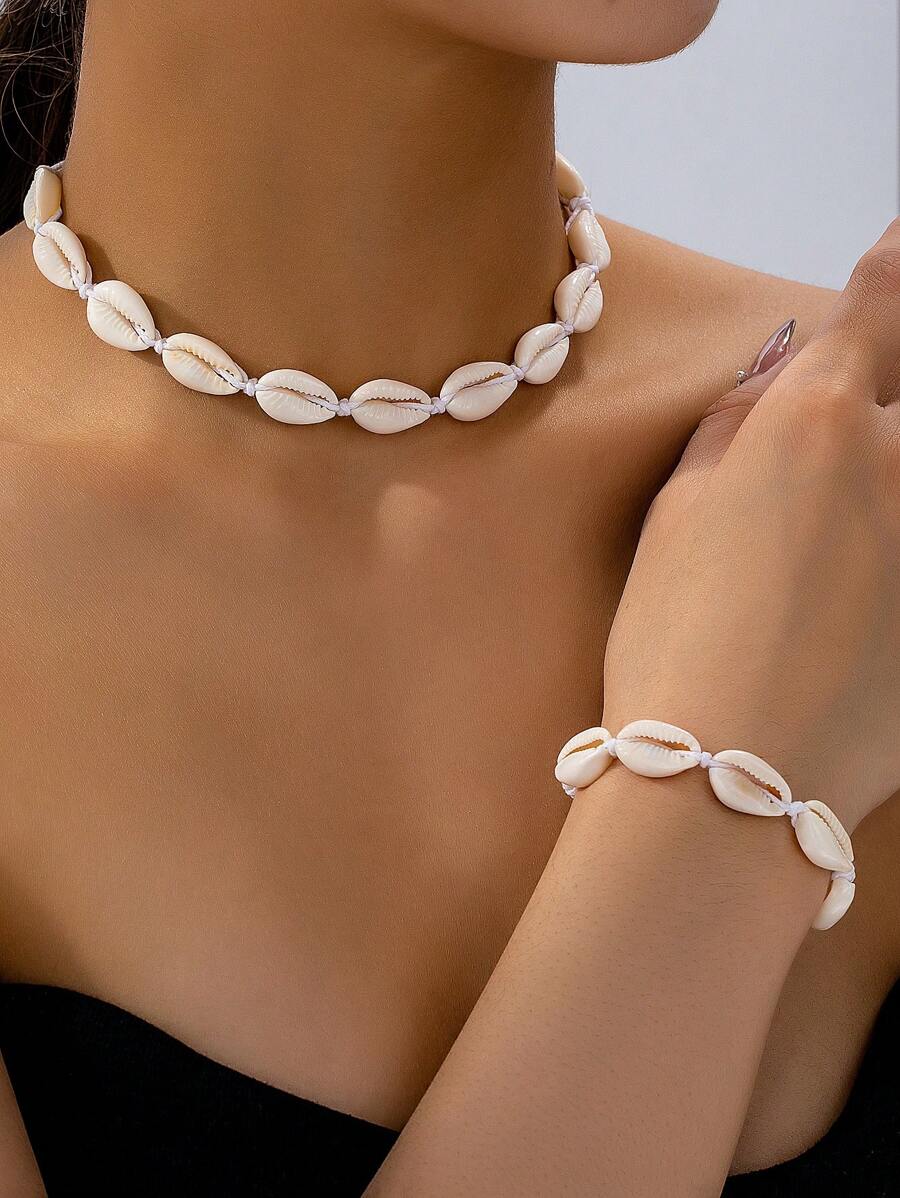 1 Set Shell Necklace Shell Bracelet Shell Jewelry Set Sea Side Beach Style Summer Vocation Shell String Necklace Bracelet Set Beach Necklace