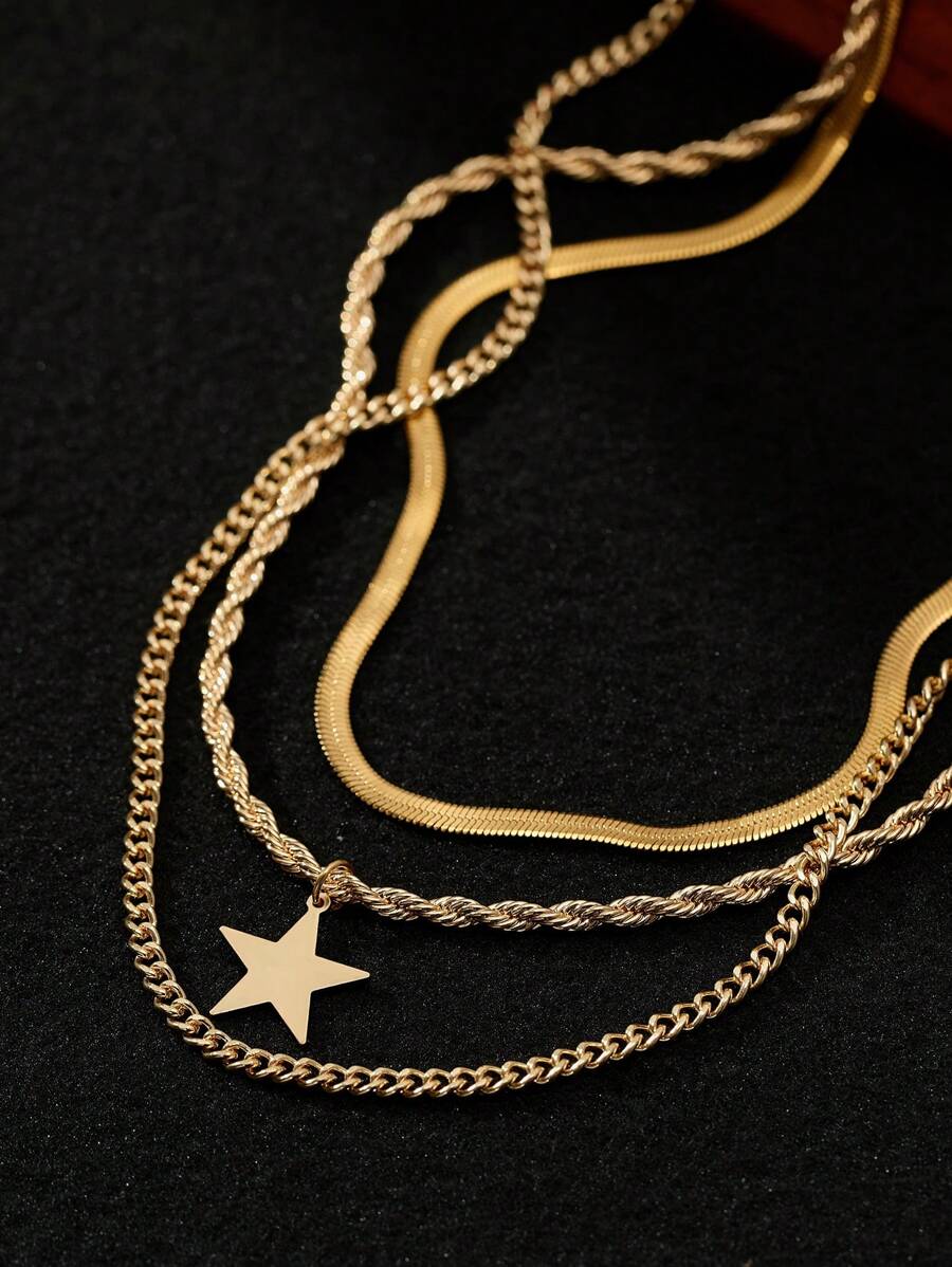 Tkool 3pcs Fashionable Stainless Steel Jewelry Set, Unique Design With Smooth Gold Twist Chain, Layered Star Pendant Necklace, Suitable For Ladies Beach Holiday Wear