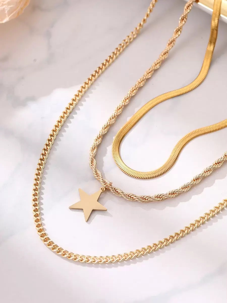 Tkool 3pcs Fashionable Stainless Steel Jewelry Set, Unique Design With Smooth Gold Twist Chain, Layered Star Pendant Necklace, Suitable For Ladies Beach Holiday Wear