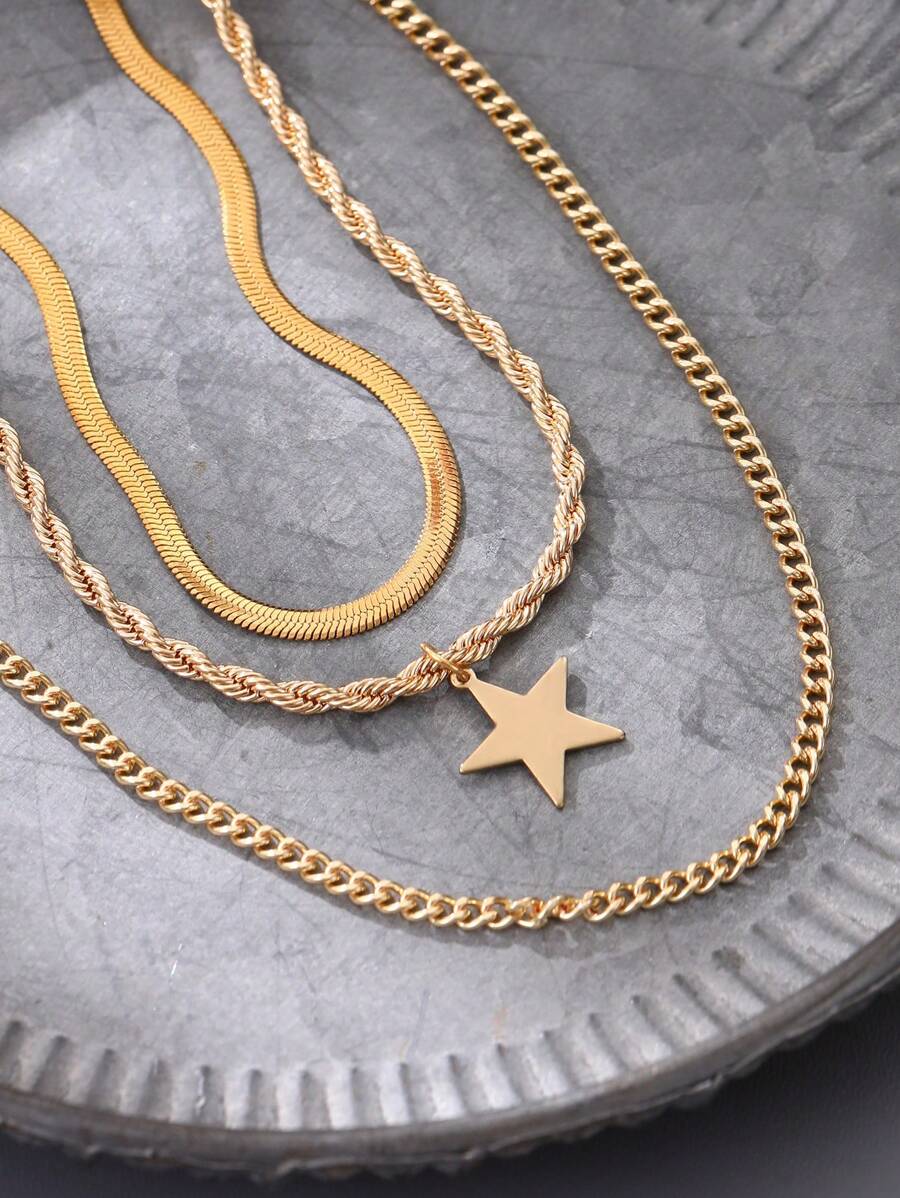Tkool 3pcs Fashionable Stainless Steel Jewelry Set, Unique Design With Smooth Gold Twist Chain, Layered Star Pendant Necklace, Suitable For Ladies Beach Holiday Wear