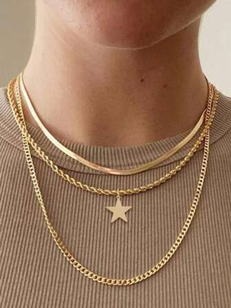 Tkool 3pcs Fashionable Stainless Steel Jewelry Set, Unique Design With Smooth Gold Twist Chain, Layered Star Pendant Necklace, Suitable For Ladies Beach Holiday Wear