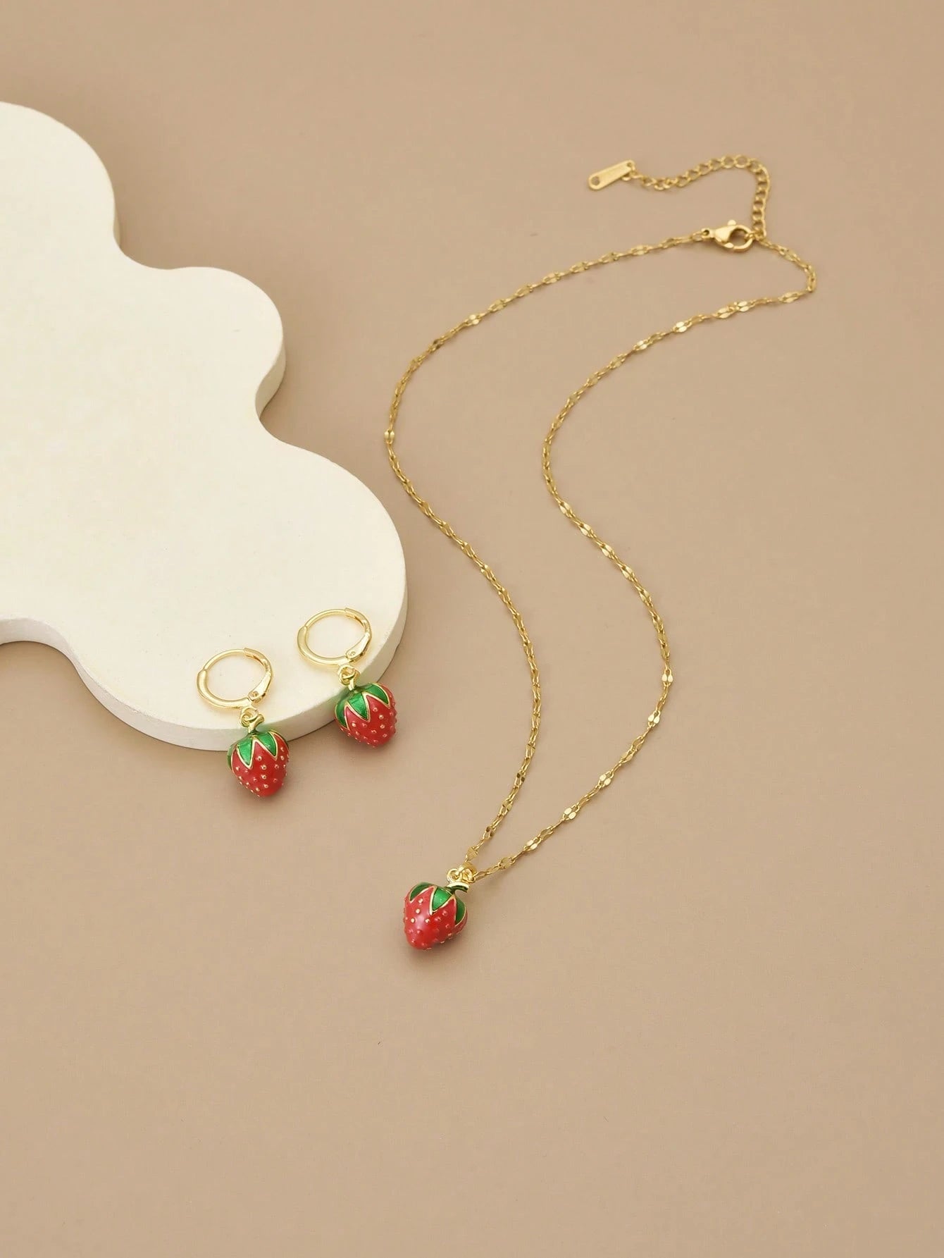 1 Set Red 3D Strawberry Stainless Steel Elegant Necklace & Earrings For Women