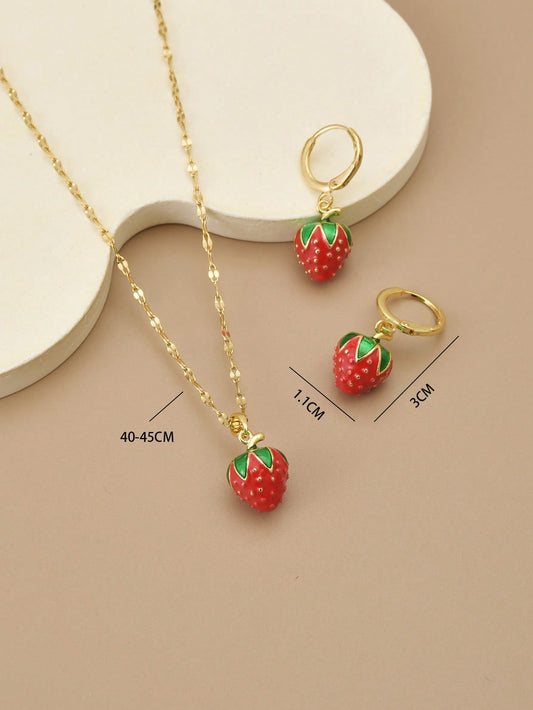 1 Set Red 3D Strawberry Stainless Steel Elegant Necklace & Earrings For Women