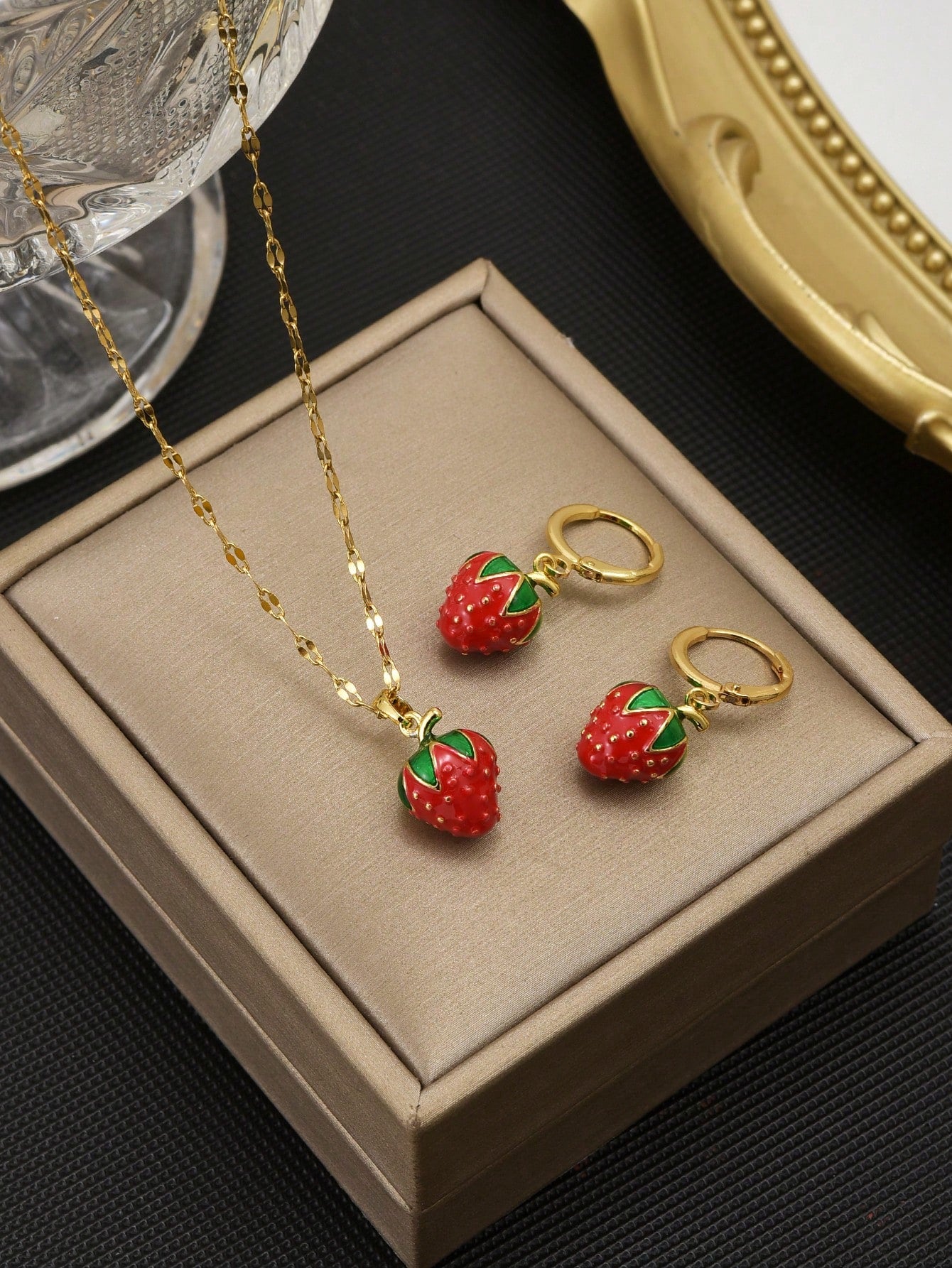 1 Set Red 3D Strawberry Stainless Steel Elegant Necklace & Earrings For Women