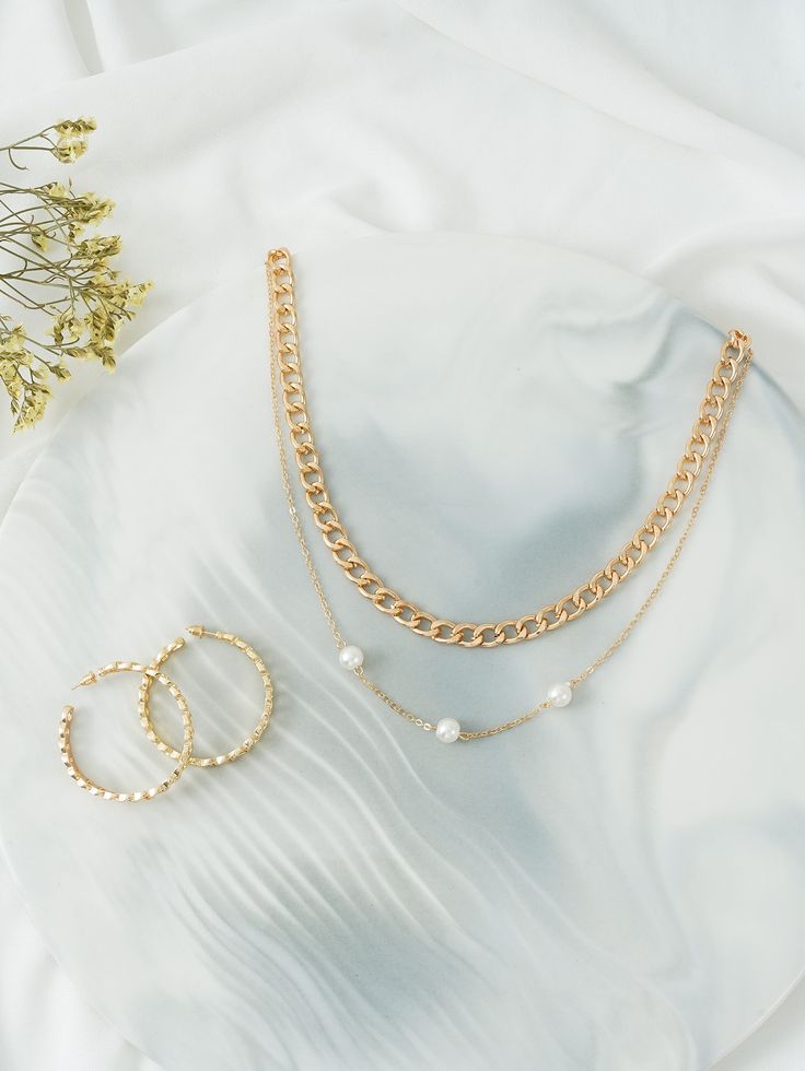 3pcs Faux Pearl Detail Jewelry Set