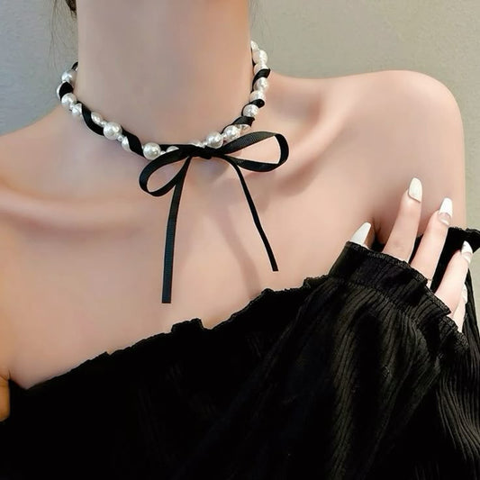 Lace Bow Decor Faux Pearl Beaded Necklace