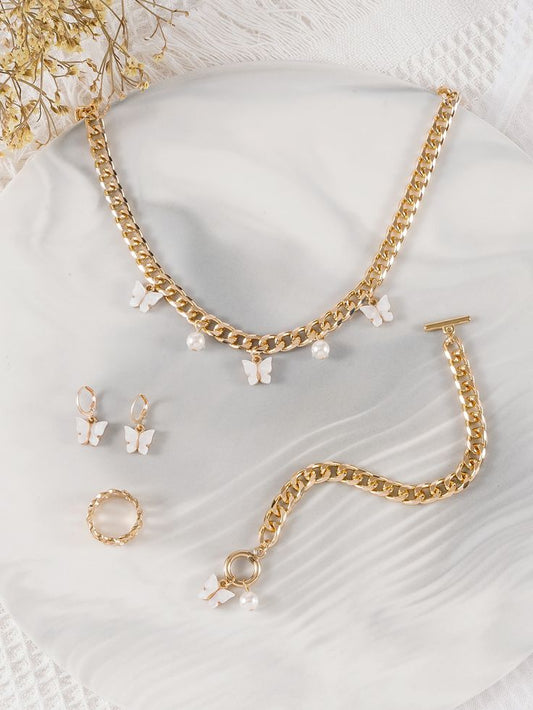 4pcs Faux Pearl & Butterfly Pendant Jewelry Set