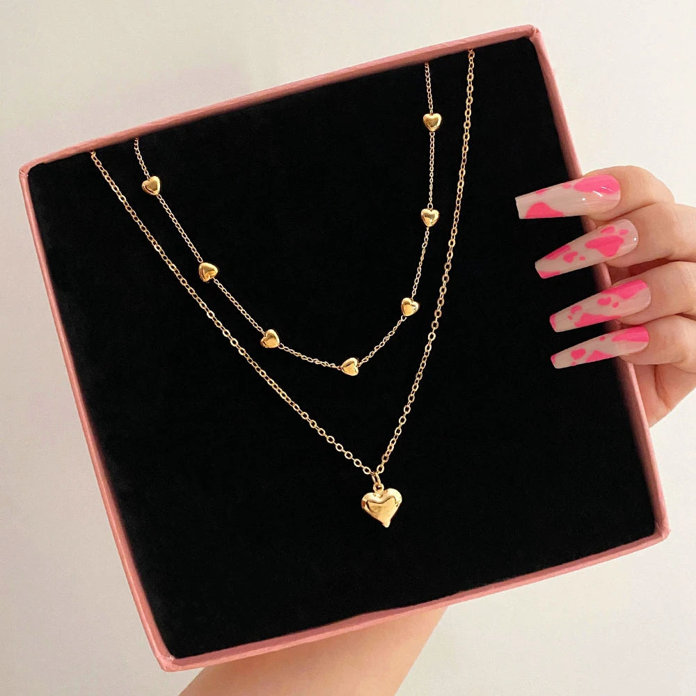 Double-layer Heart Pendant Fine Chain Necklace For Women Multilayer Gold Color Metal Necklaces Fashion Jewelry Accessories