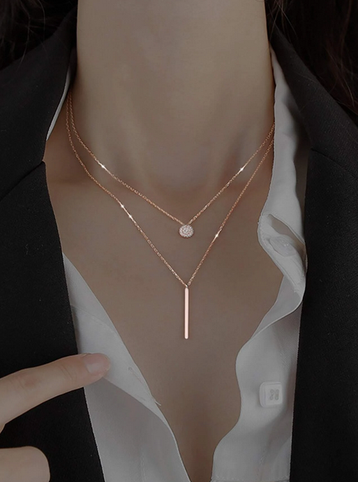 Rhinestone & Rectangle Charm Layered Necklace